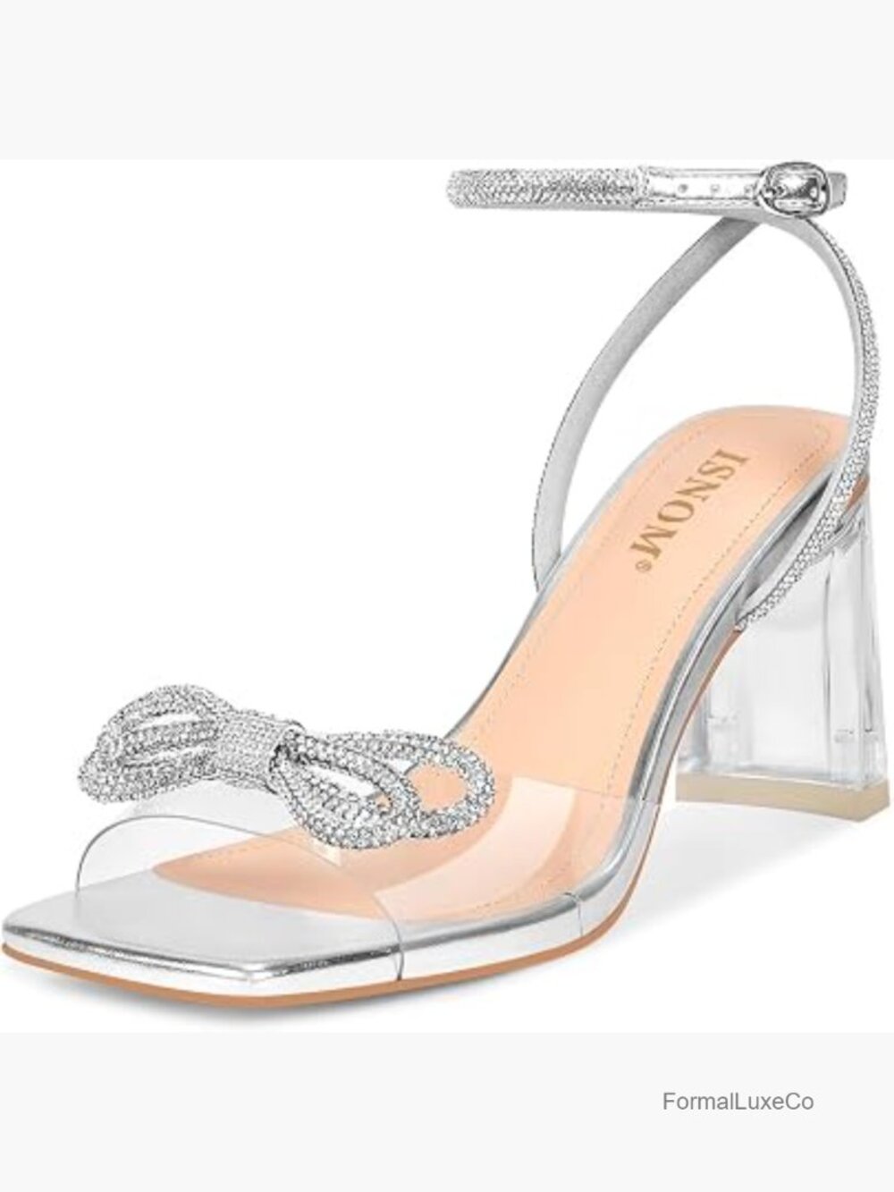 Clear Chunky Heel Sandals Rhinestone Bow Wedge Square Toe